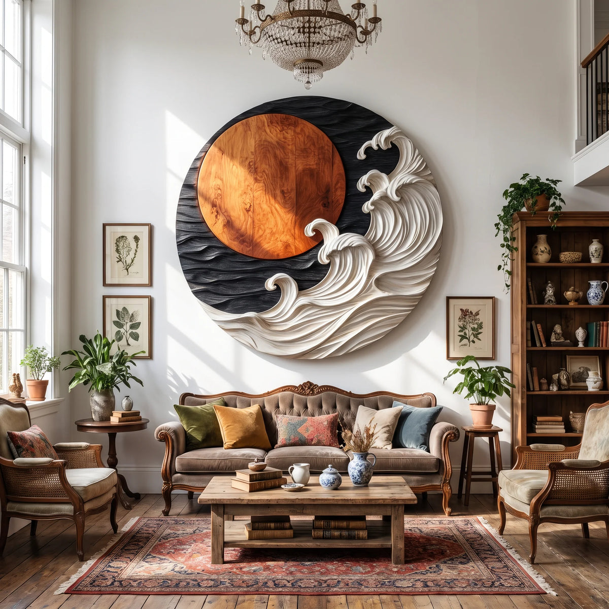 Round Solid Wood Wall Art with Sculptural Ocean Waves and Rising Sun