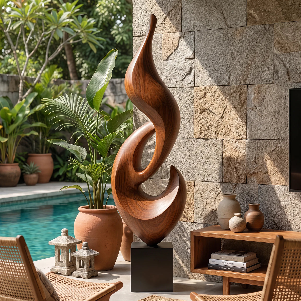Tall Abstract Flame Sculpture in Solid Wood with Plinth Base – Modern Luxury Floor Décor