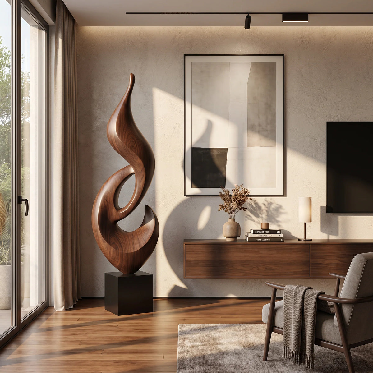 Tall Abstract Flame Sculpture in Solid Wood with Plinth Base – Modern Luxury Floor Décor