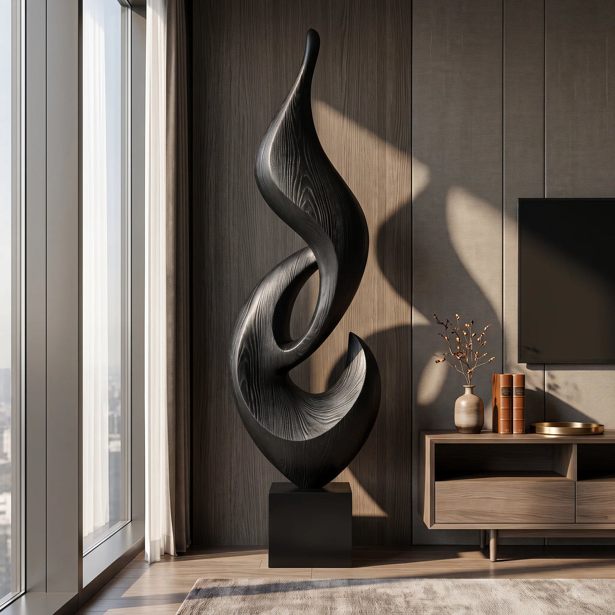 Tall Abstract Flame Sculpture in Solid Wood with Plinth Base – Modern Luxury Floor Décor