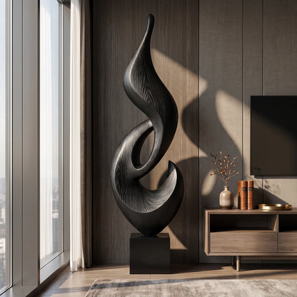 Tall Abstract Flame Sculpture in Solid Wood with Plinth Base – Modern Luxury Floor Décor