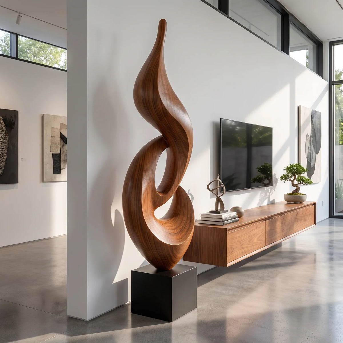 Tall Abstract Flame Sculpture in Solid Wood with Plinth Base – Modern Luxury Floor Décor
