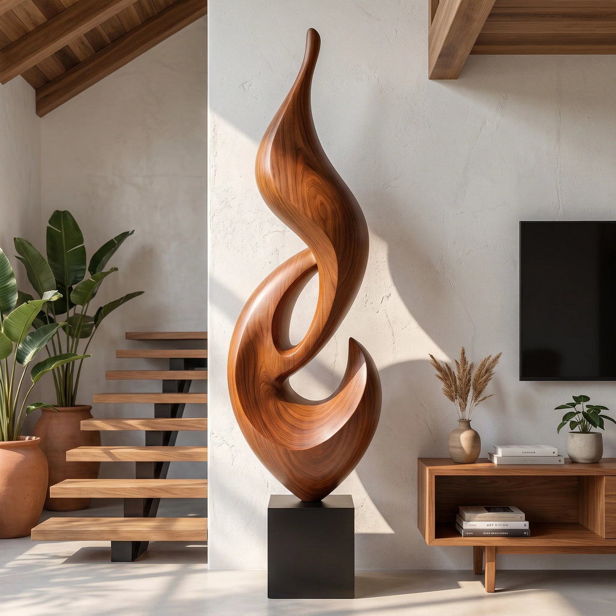 Tall Abstract Flame Sculpture in Solid Wood with Plinth Base – Modern Luxury Floor Décor