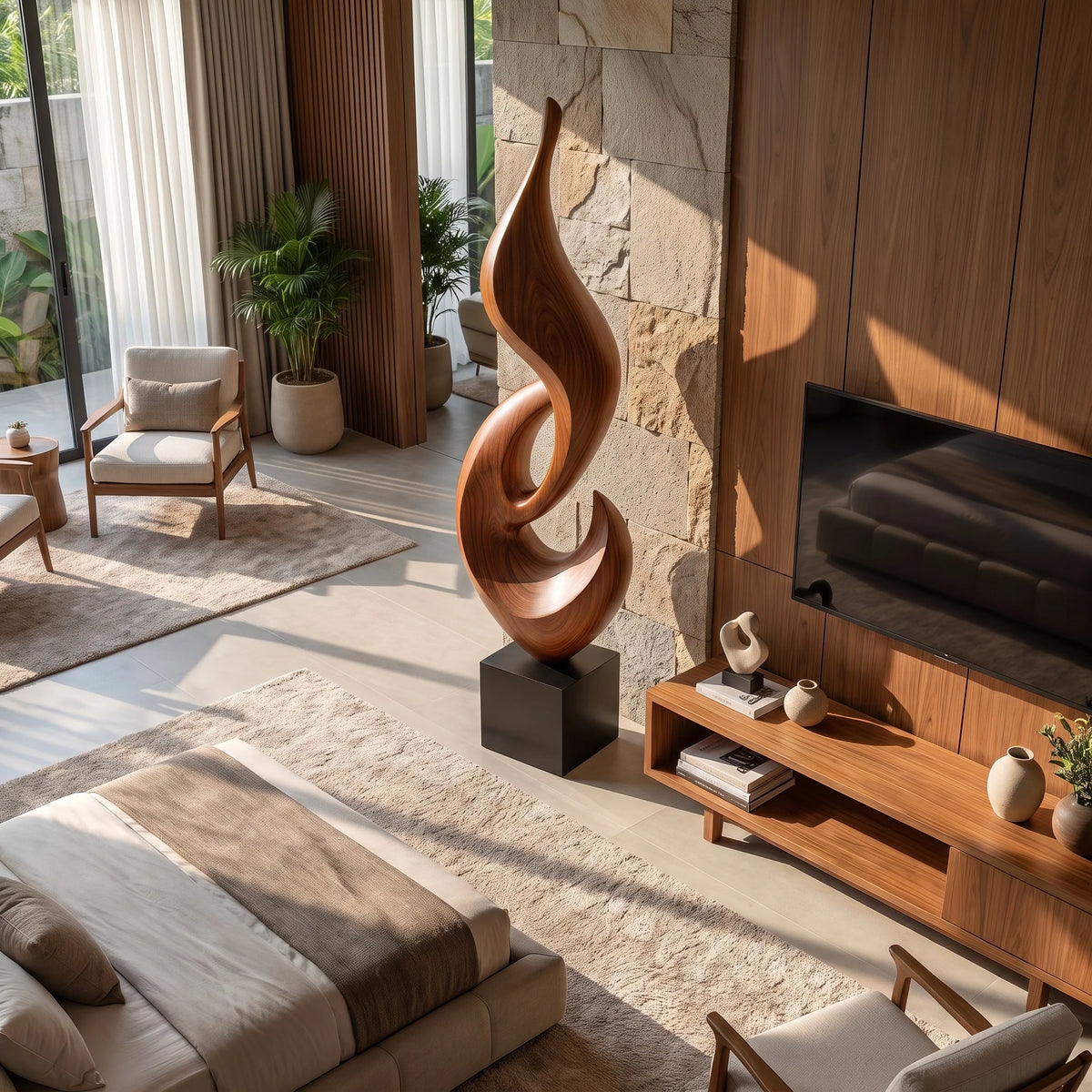 Tall Abstract Flame Sculpture in Solid Wood with Plinth Base – Modern Luxury Floor Décor