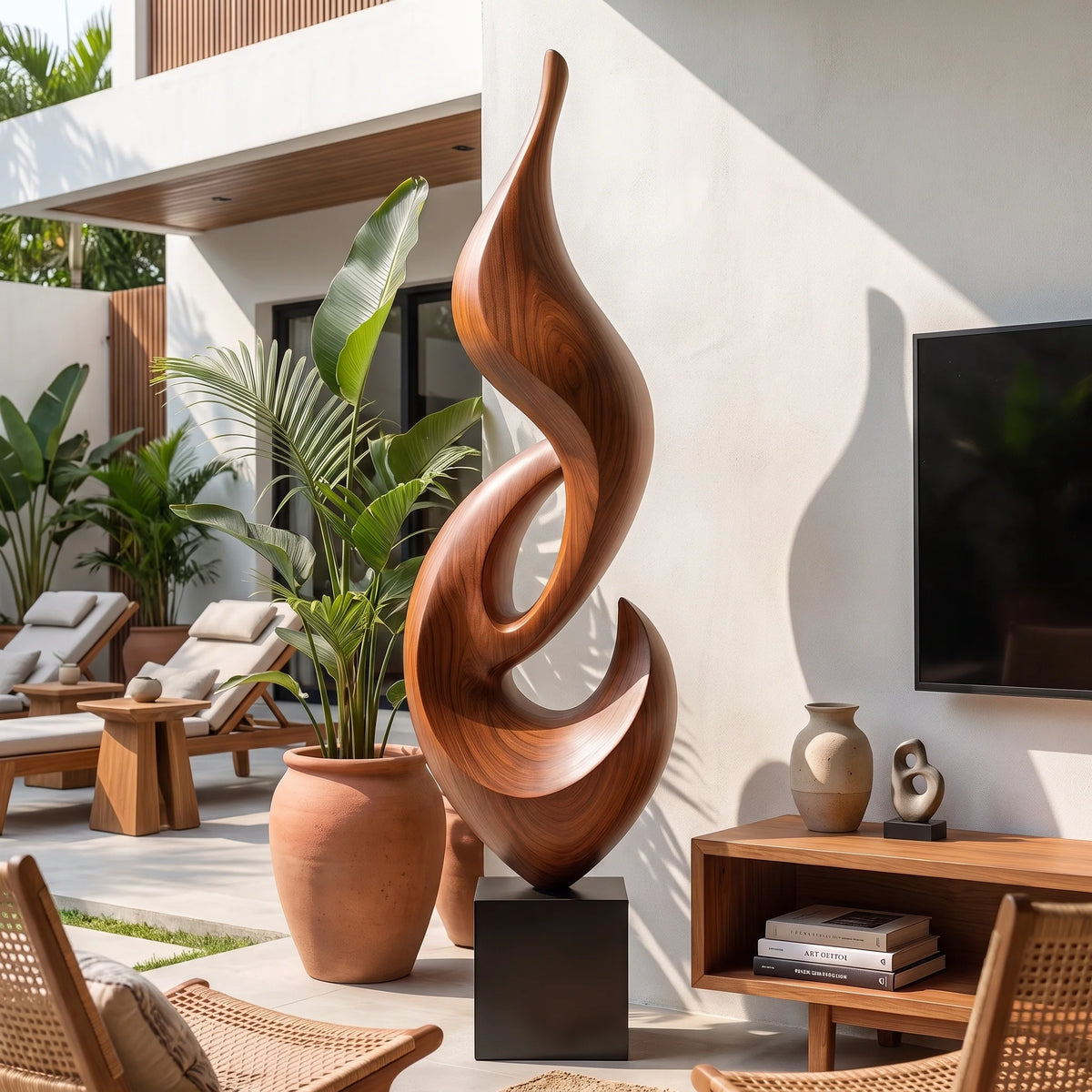 Tall Abstract Flame Sculpture in Solid Wood with Plinth Base – Modern Luxury Floor Décor