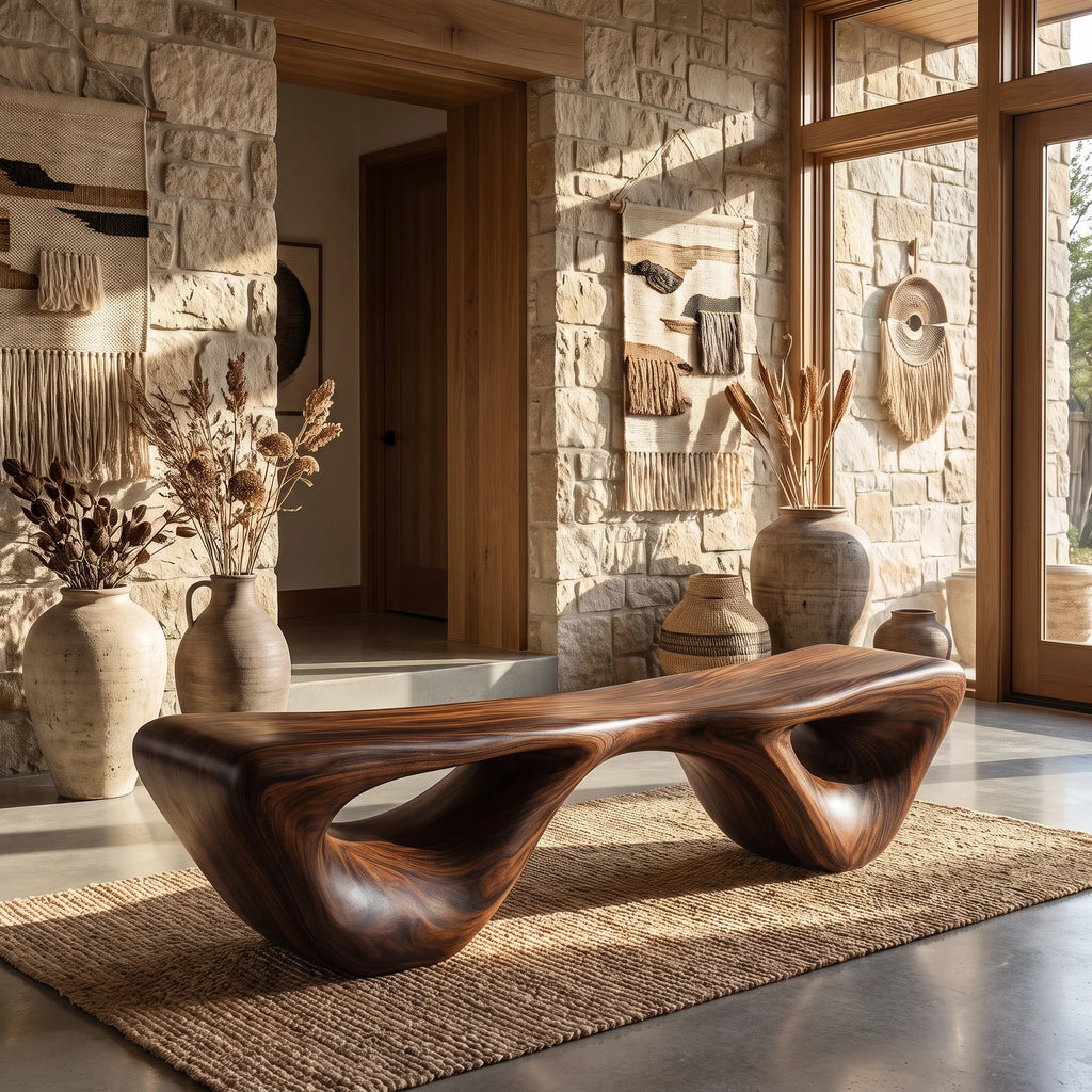 Sculptural Solid Wood Bench with Waterfall Base and Organic Flowing Seat