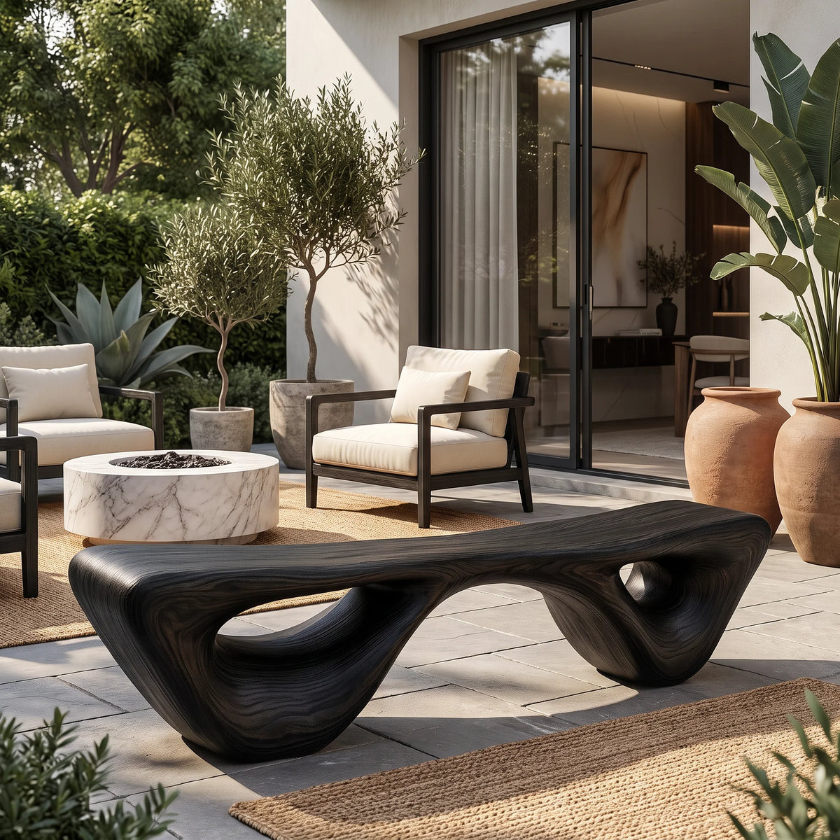 Sculptural Solid Wood Bench with Waterfall Base and Organic Flowing Seat