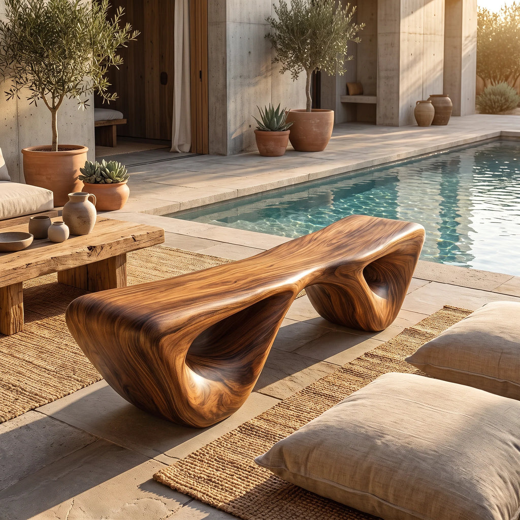 Sculptural Solid Wood Bench with Waterfall Base and Organic Flowing Seat