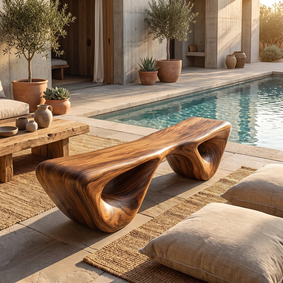 Sculptural Solid Wood Bench with Waterfall Base and Organic Flowing Seat