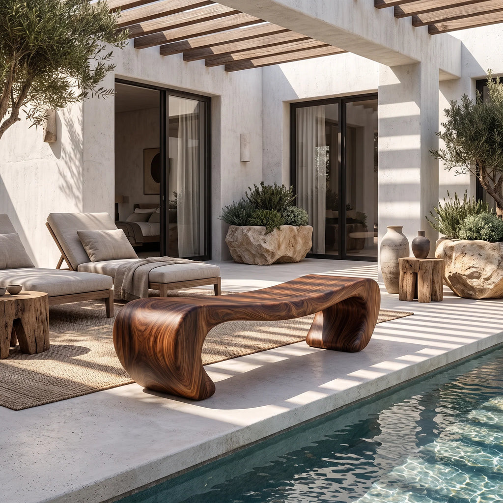 Sculptural Solid Wood Bench with Waterfall Base and Organic Flowing Seat