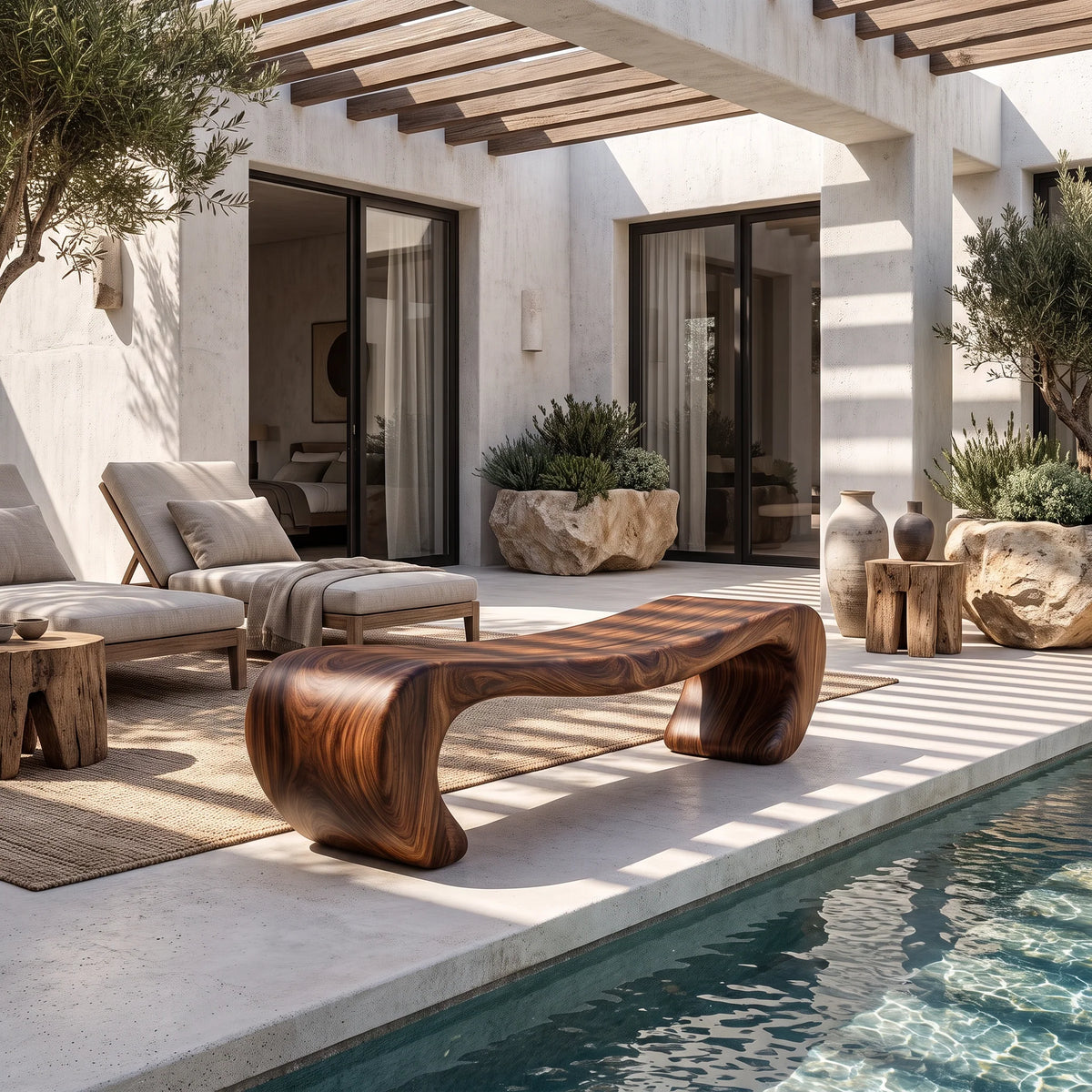 Sculptural Solid Wood Bench with Waterfall Base and Organic Flowing Seat