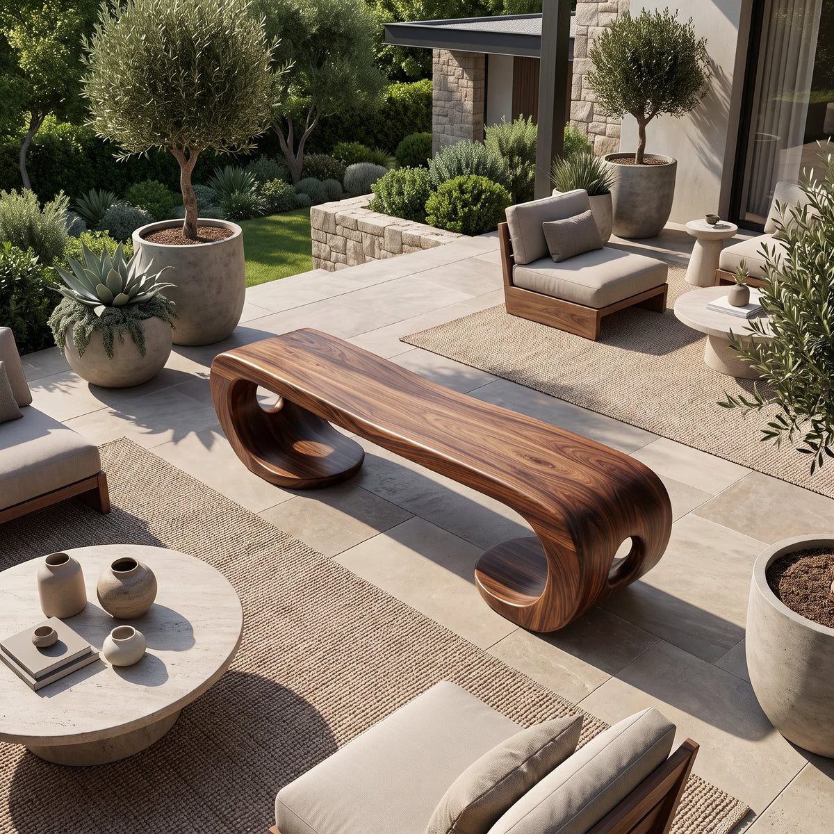 Sculptural Solid Wood Bench with Artistic Loop Base and Organic Flowing Seat