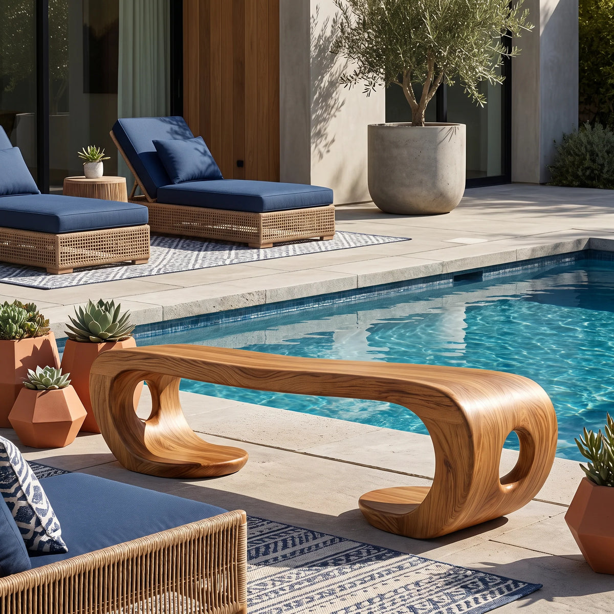 Sculptural Solid Wood Bench with Artistic Loop Base and Organic Flowing Seat