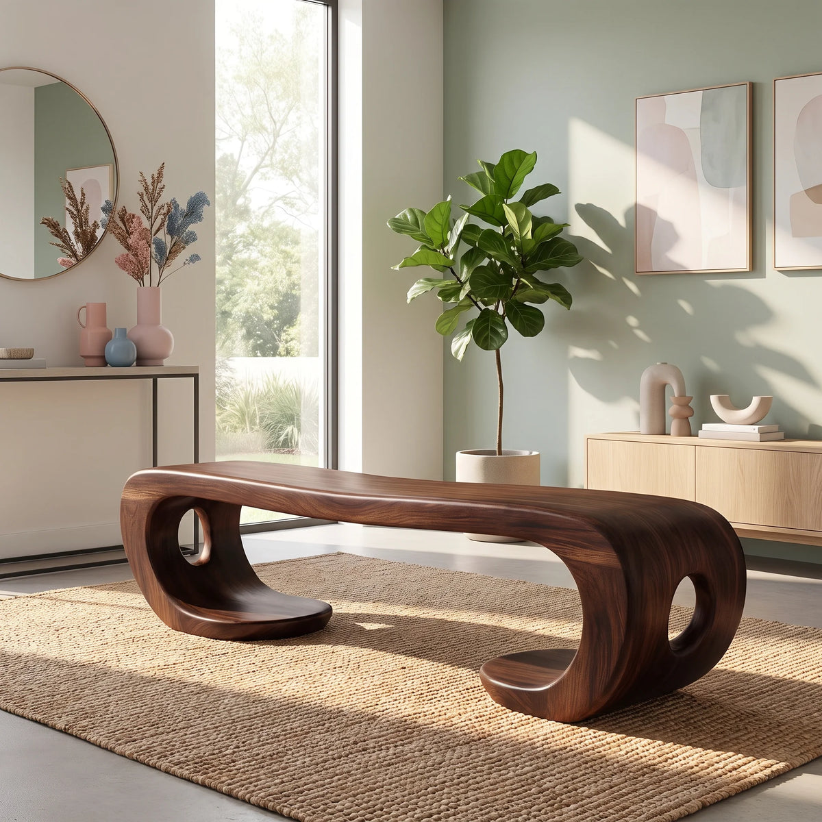 Sculptural Solid Wood Bench with Artistic Loop Base and Organic Flowing Seat