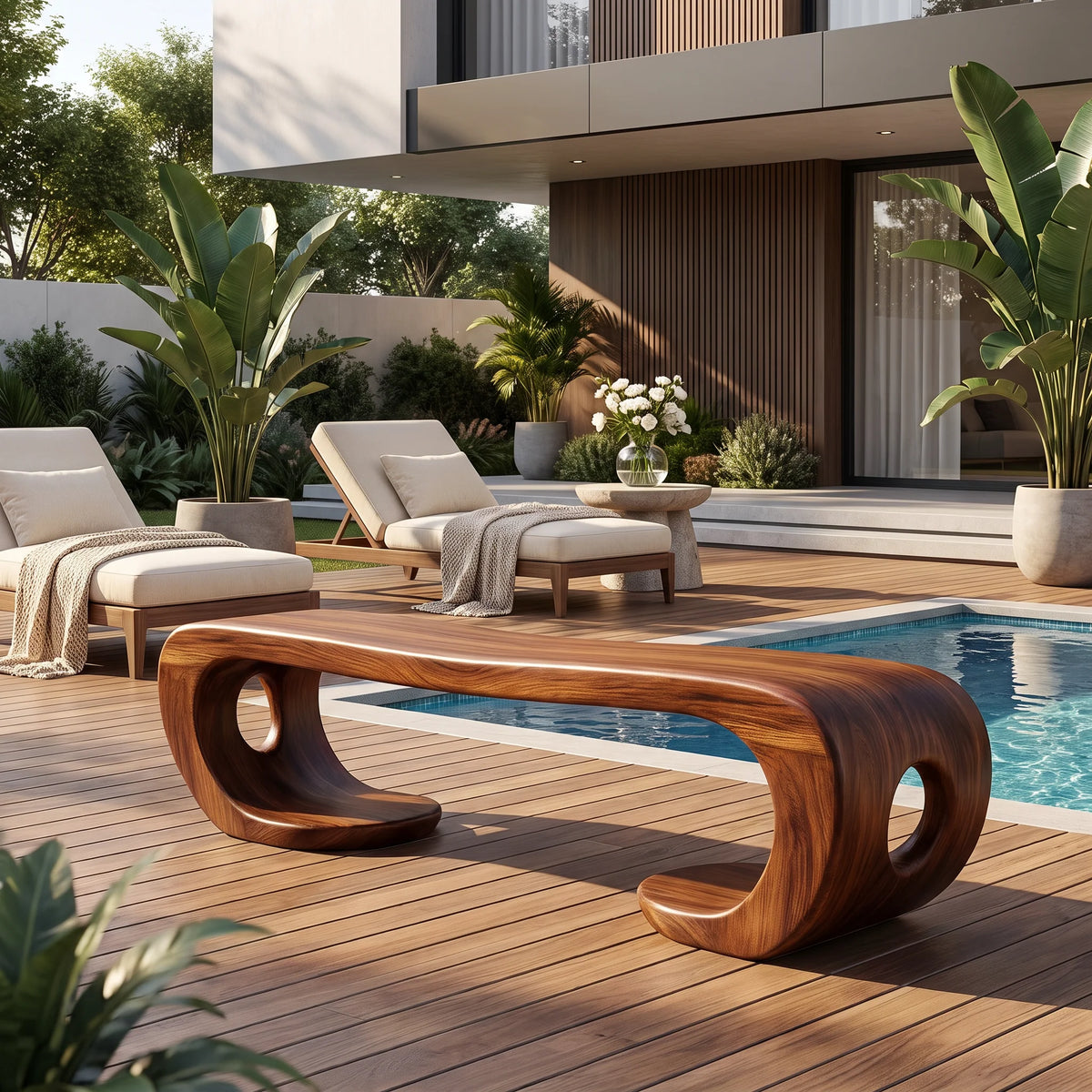 Sculptural Solid Wood Bench with Artistic Loop Base and Organic Flowing Seat