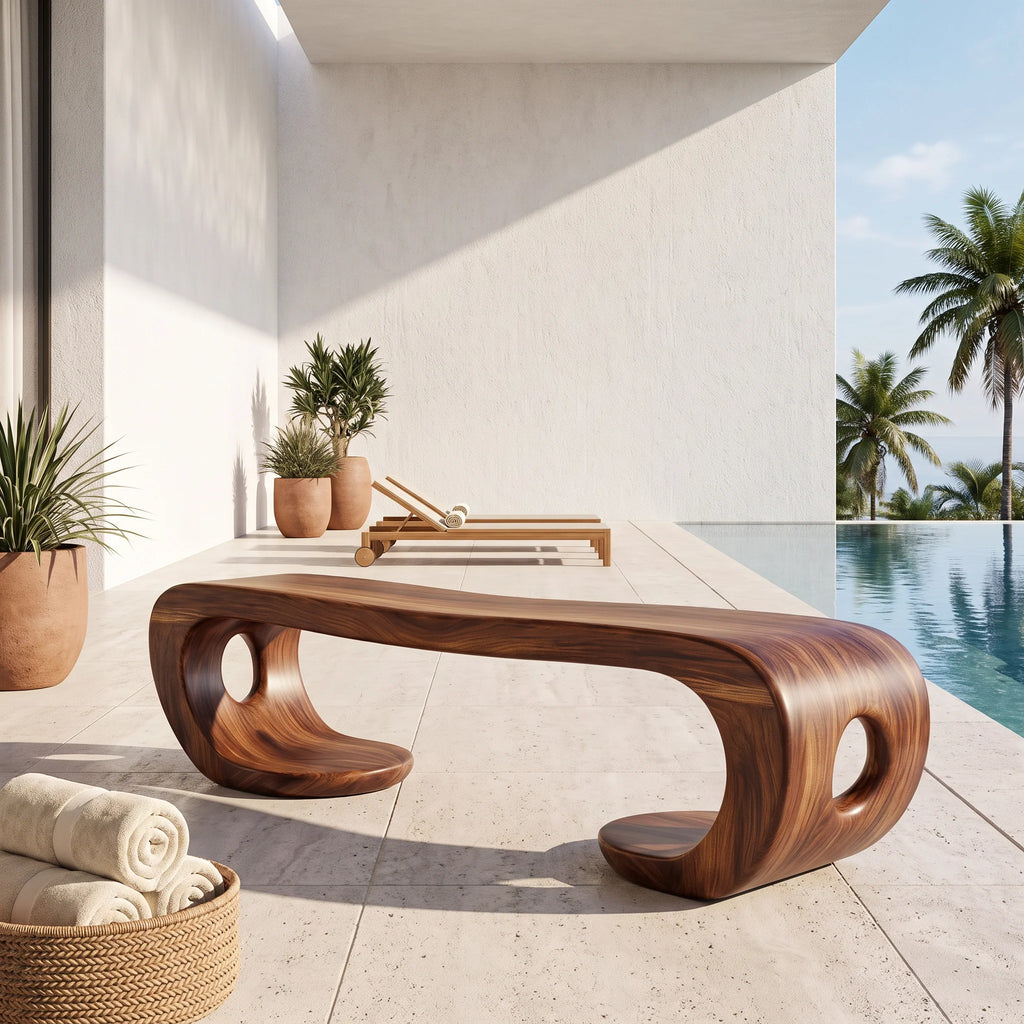 Sculptural Solid Wood Bench with Artistic Loop Base and Organic Flowing Seat