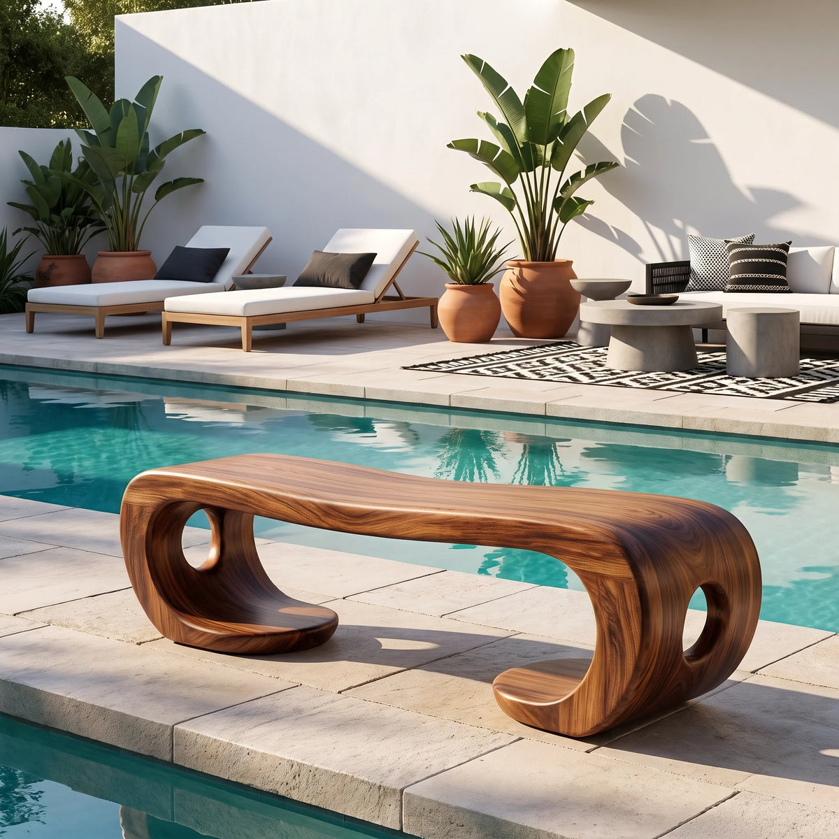 Sculptural Solid Wood Bench with Artistic Loop Base and Organic Flowing Seat