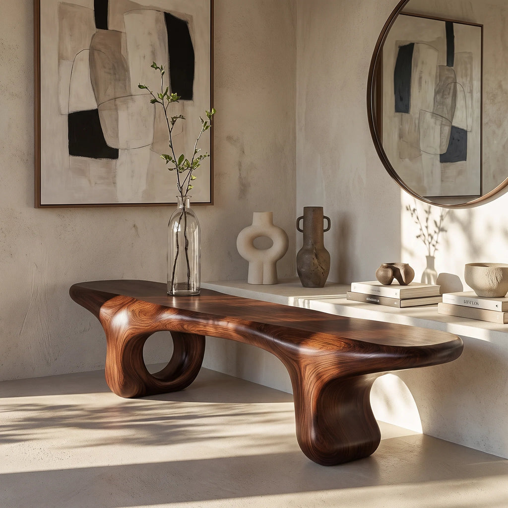 Sculptural Solid Wood Bench with Organic Base and Flowing Live Edge Seat
