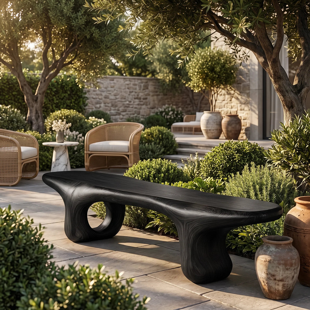 Sculptural Solid Wood Bench with Organic Base and Flowing Live Edge Seat