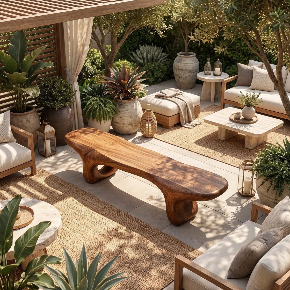 Sculptural Solid Wood Bench with Organic Base and Flowing Live Edge Seat