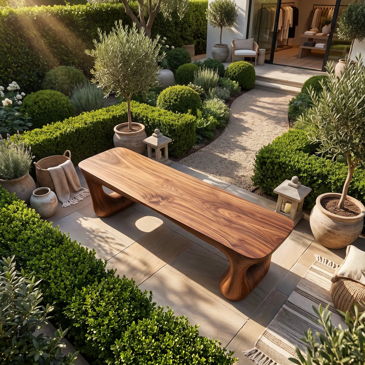 Sculptural Solid Wood Bench with Artistic Loop Base and Organic Live Edge Seat
