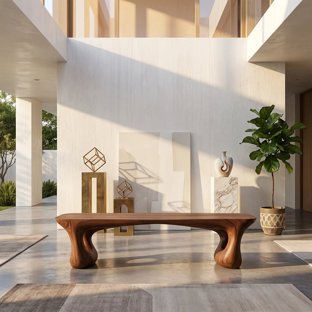 Sculptural Solid Wood Bench with Artistic Loop Base and Organic Live Edge Seat