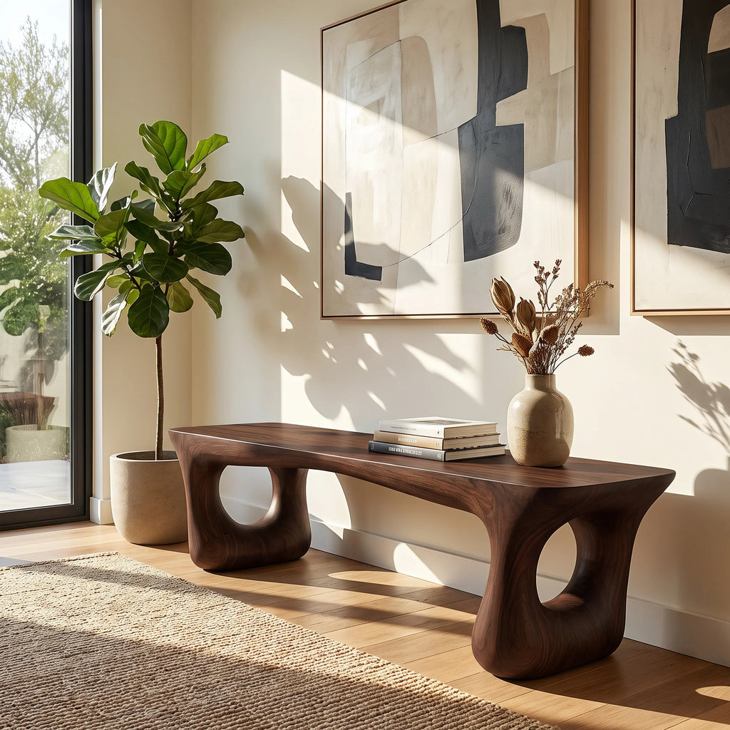 Sculptural Solid Wood Bench with Artistic Loop Base and Organic Live Edge Seat