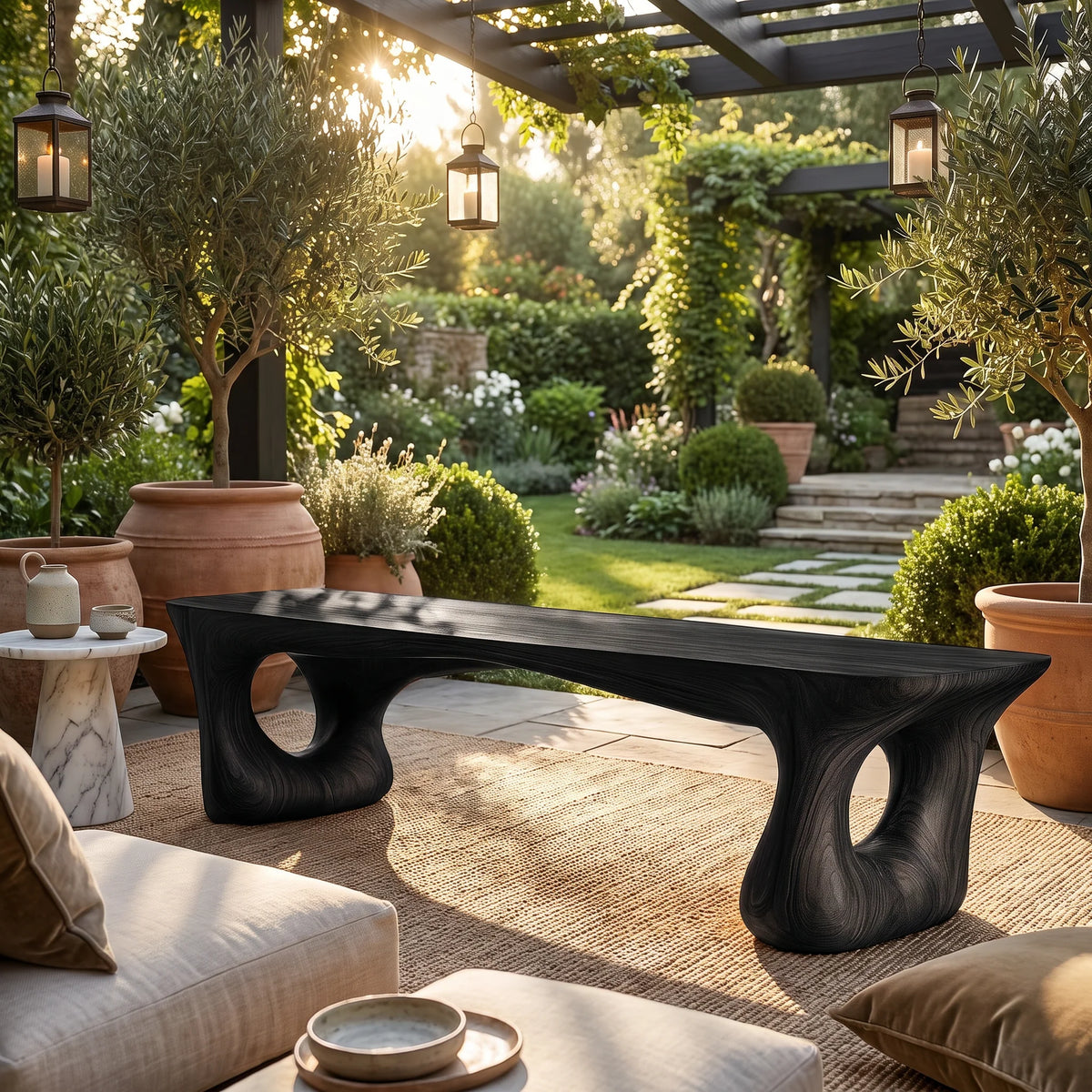 Sculptural Solid Wood Bench with Artistic Loop Base and Organic Live Edge Seat