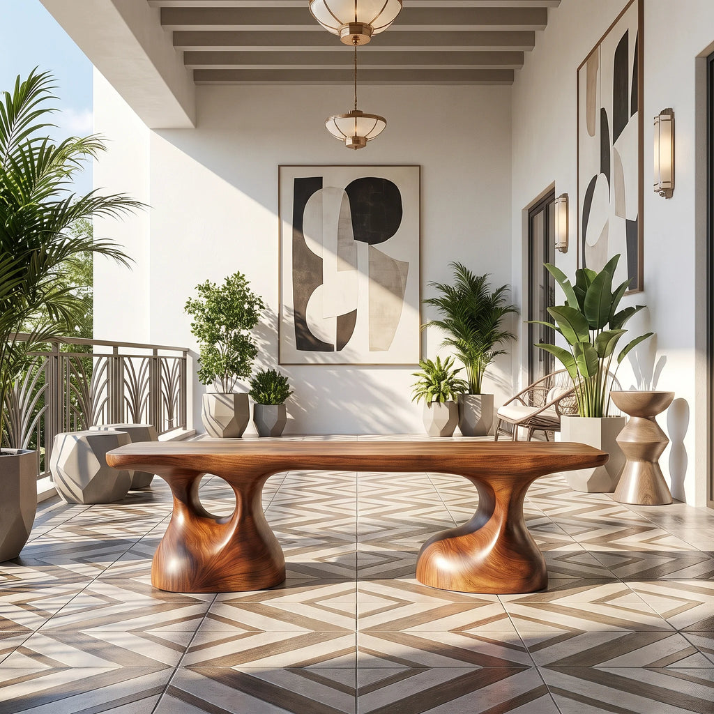 Sculptural Solid Wood Bench with Pedestal Base and Organic Live Edge Seat