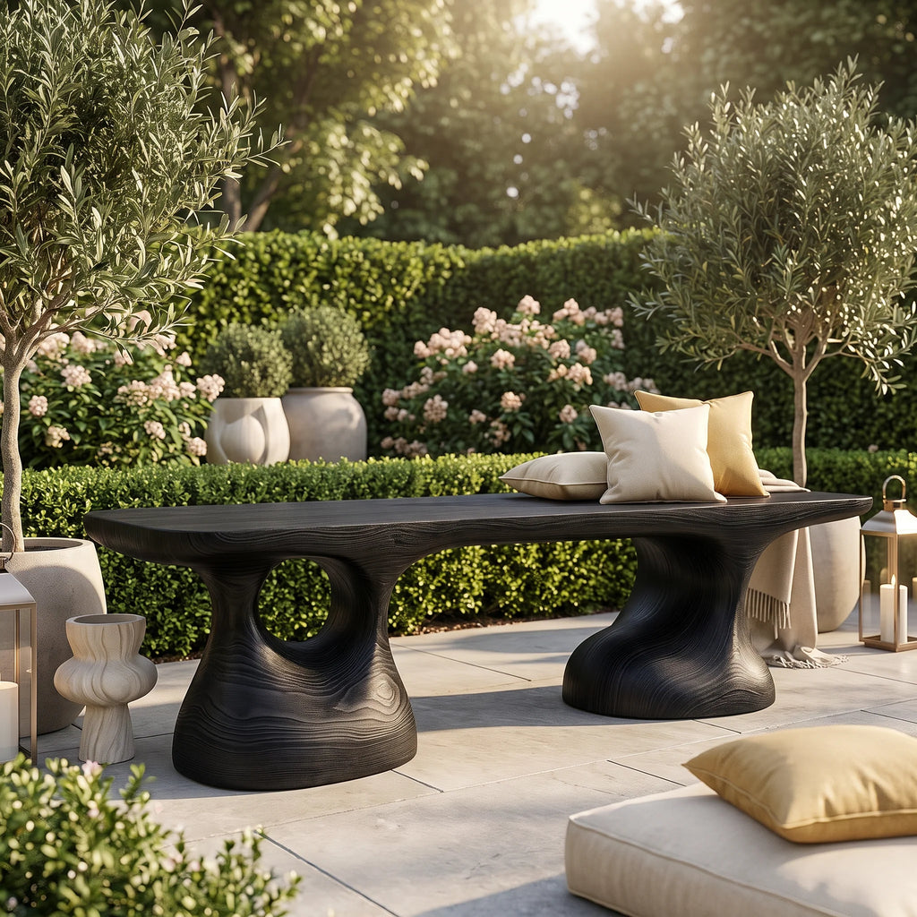 Sculptural Solid Wood Bench with Pedestal Base and Organic Live Edge Seat