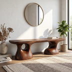 Sculptural Solid Wood Bench with Pedestal Base and Organic Live Edge Seat