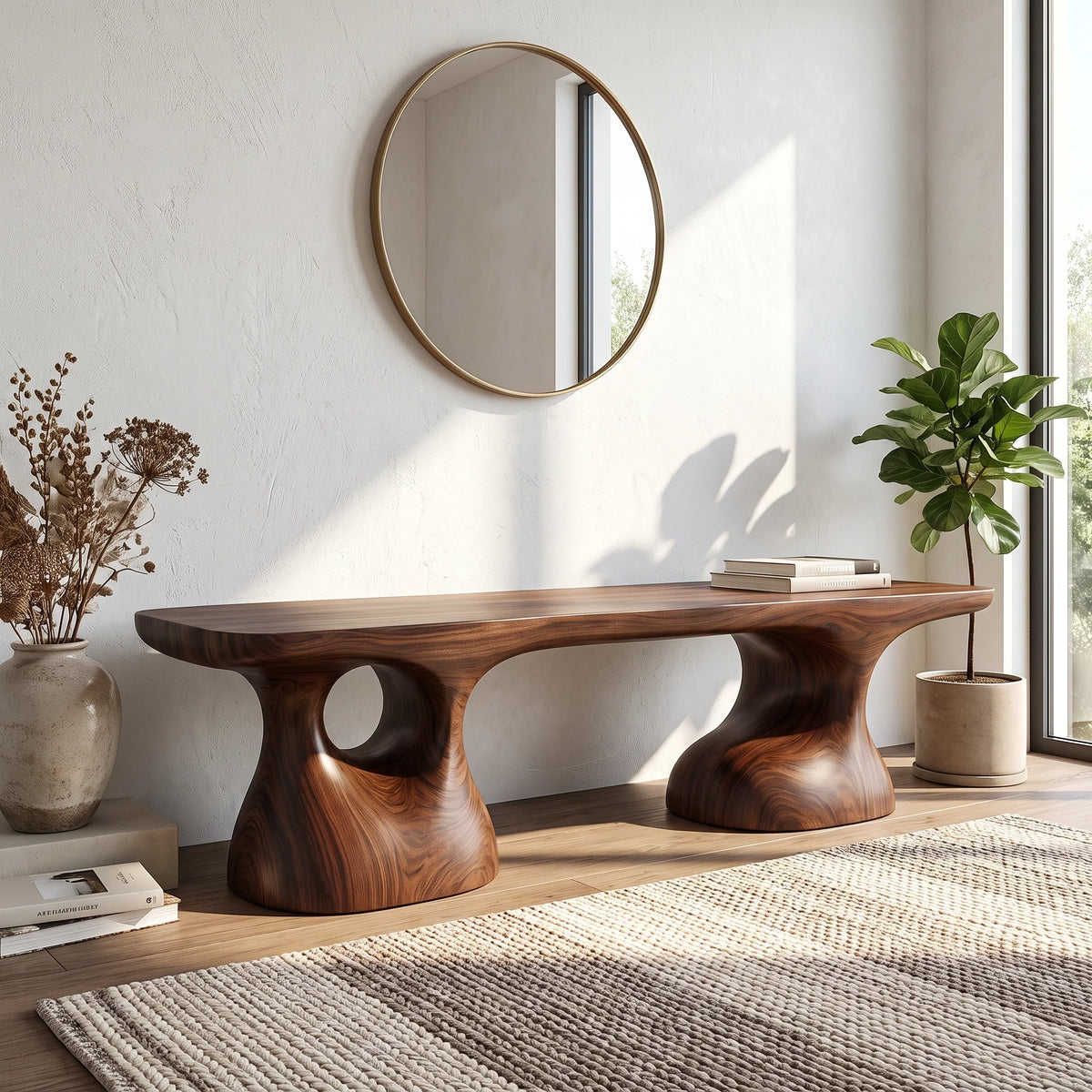 Sculptural Solid Wood Bench with Pedestal Base and Organic Live Edge Seat