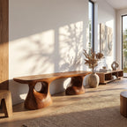 Sculptural Solid Wood Bench with Pedestal Base and Organic Live Edge Seat