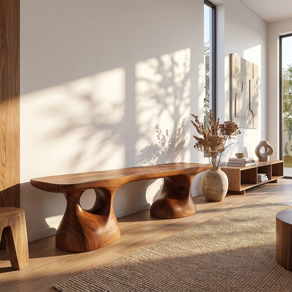 Sculptural Solid Wood Bench with Pedestal Base and Organic Live Edge Seat