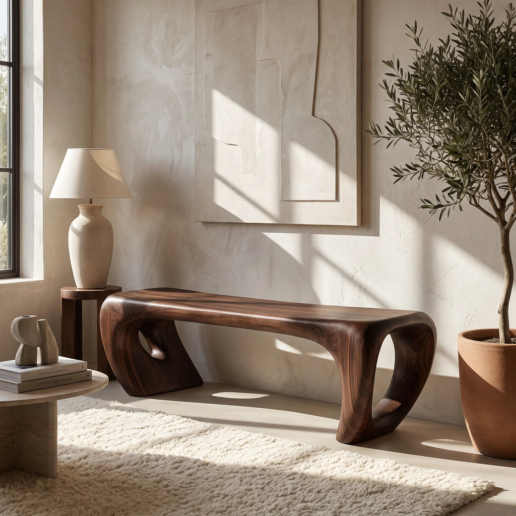 Sculptural Solid Wood Bench with Loop-Inspired Base and Organic Live Edge Seat