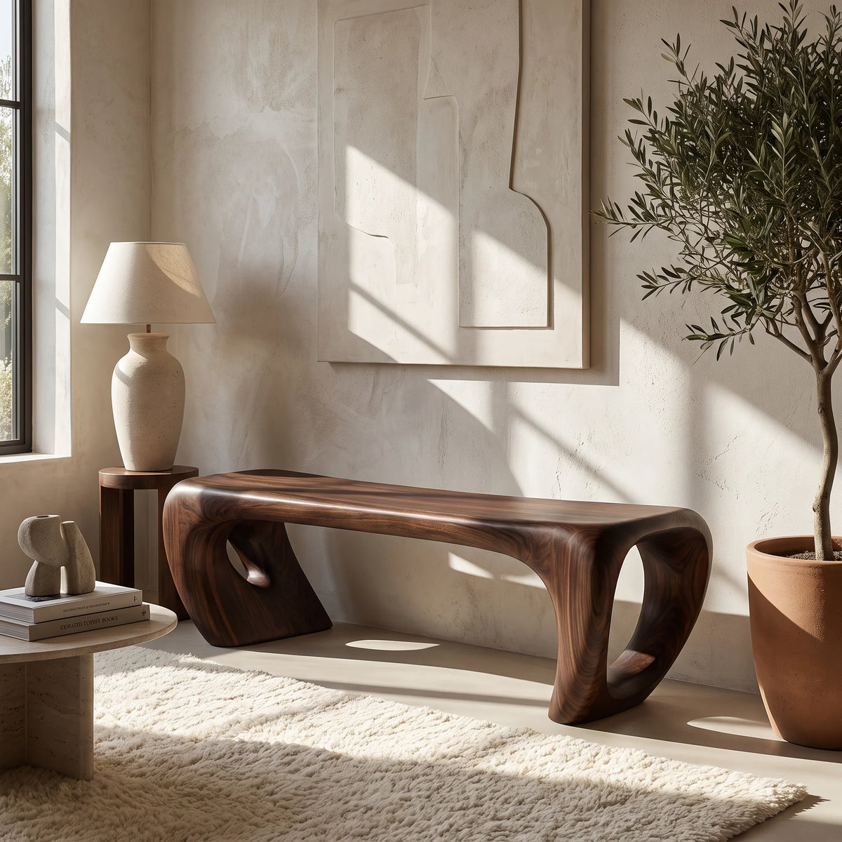 Sculptural Solid Wood Bench with Loop-Inspired Base and Organic Live Edge Seat