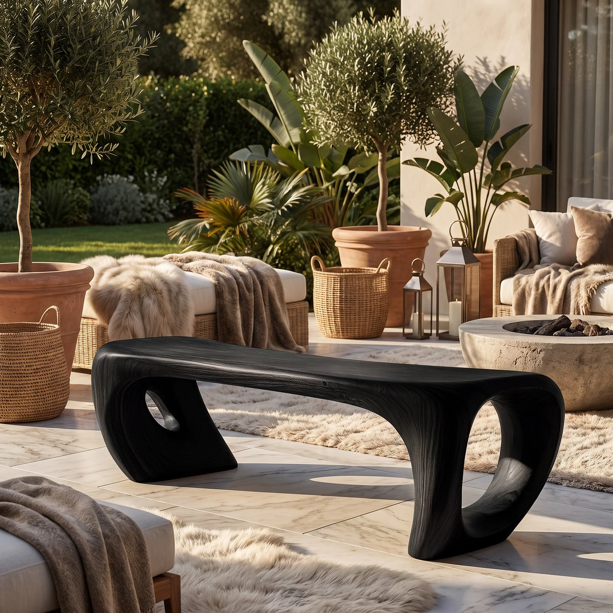 Sculptural Solid Wood Bench with Loop-Inspired Base and Organic Live Edge Seat