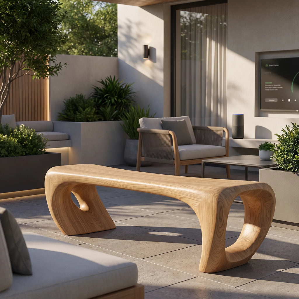 Sculptural Solid Wood Bench with Loop-Inspired Base and Organic Live Edge Seat