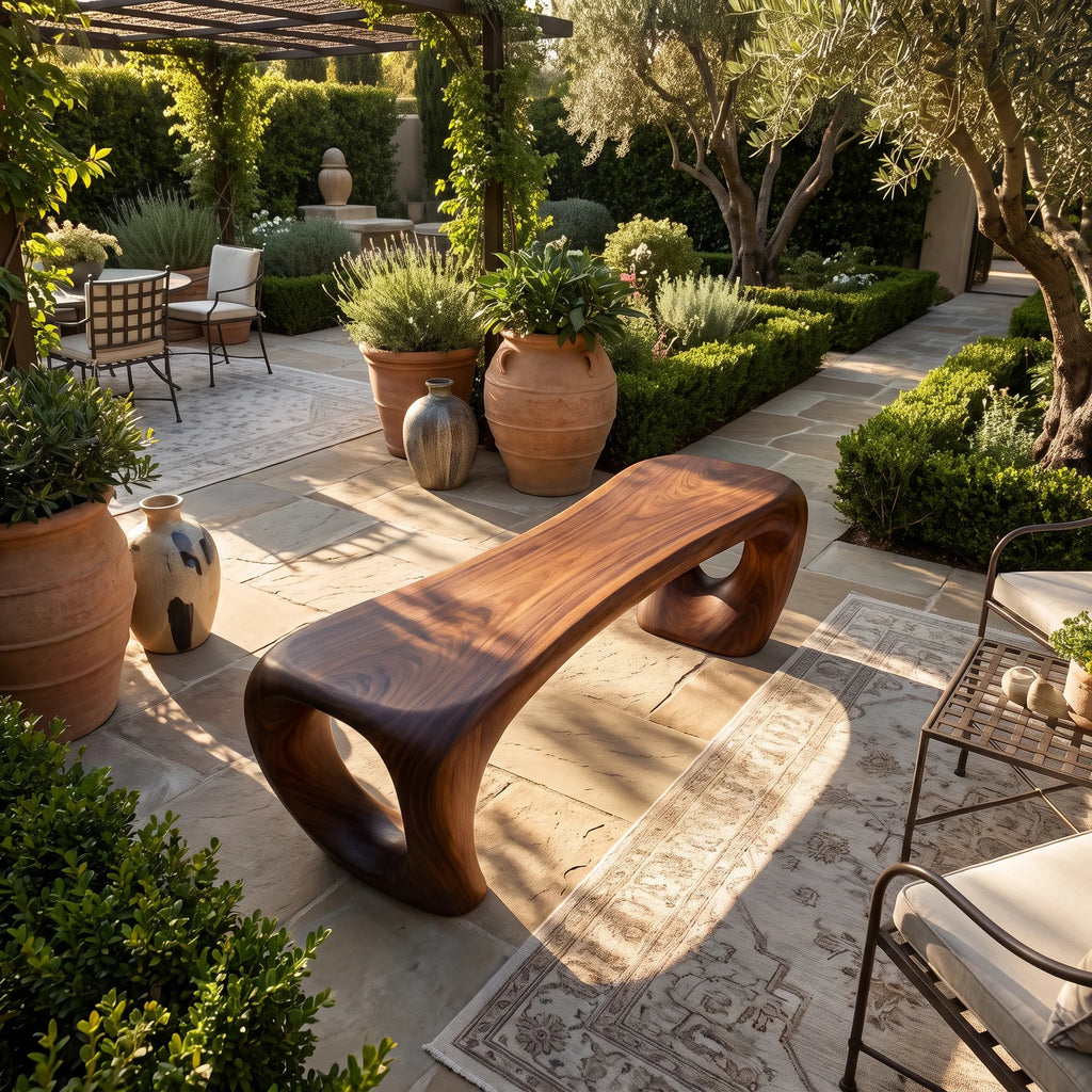 Sculptural Solid Wood Bench with Loop-Inspired Base and Organic Live Edge Seat