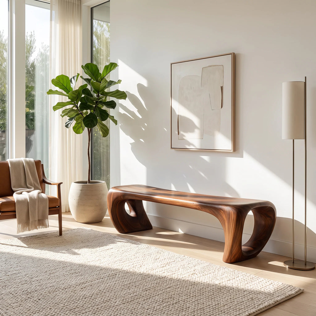 Sculptural Solid Wood Bench with Loop-Inspired Base and Organic Live Edge Seat