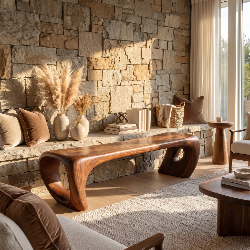 Sculptural Solid Wood Bench with Loop-Inspired Base and Organic Live Edge Seat