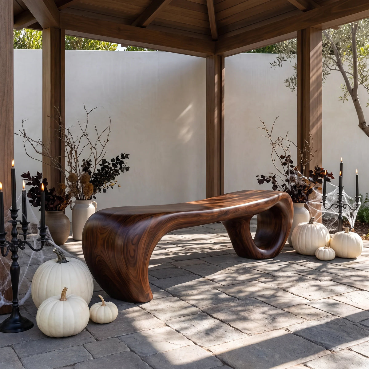 Sculptural Solid Wood Bench with Waterfall Base and Flowing Organic Seat