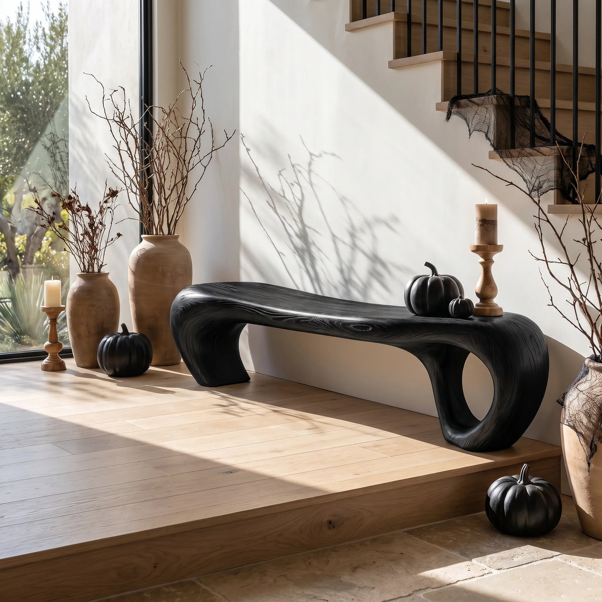 Sculptural Solid Wood Bench with Waterfall Base and Flowing Organic Seat