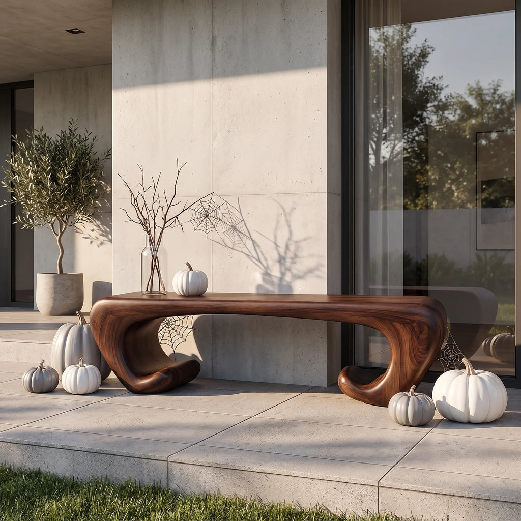 Sculptural Solid Wood Bench with Scroll Base and Flowing Organic Seat