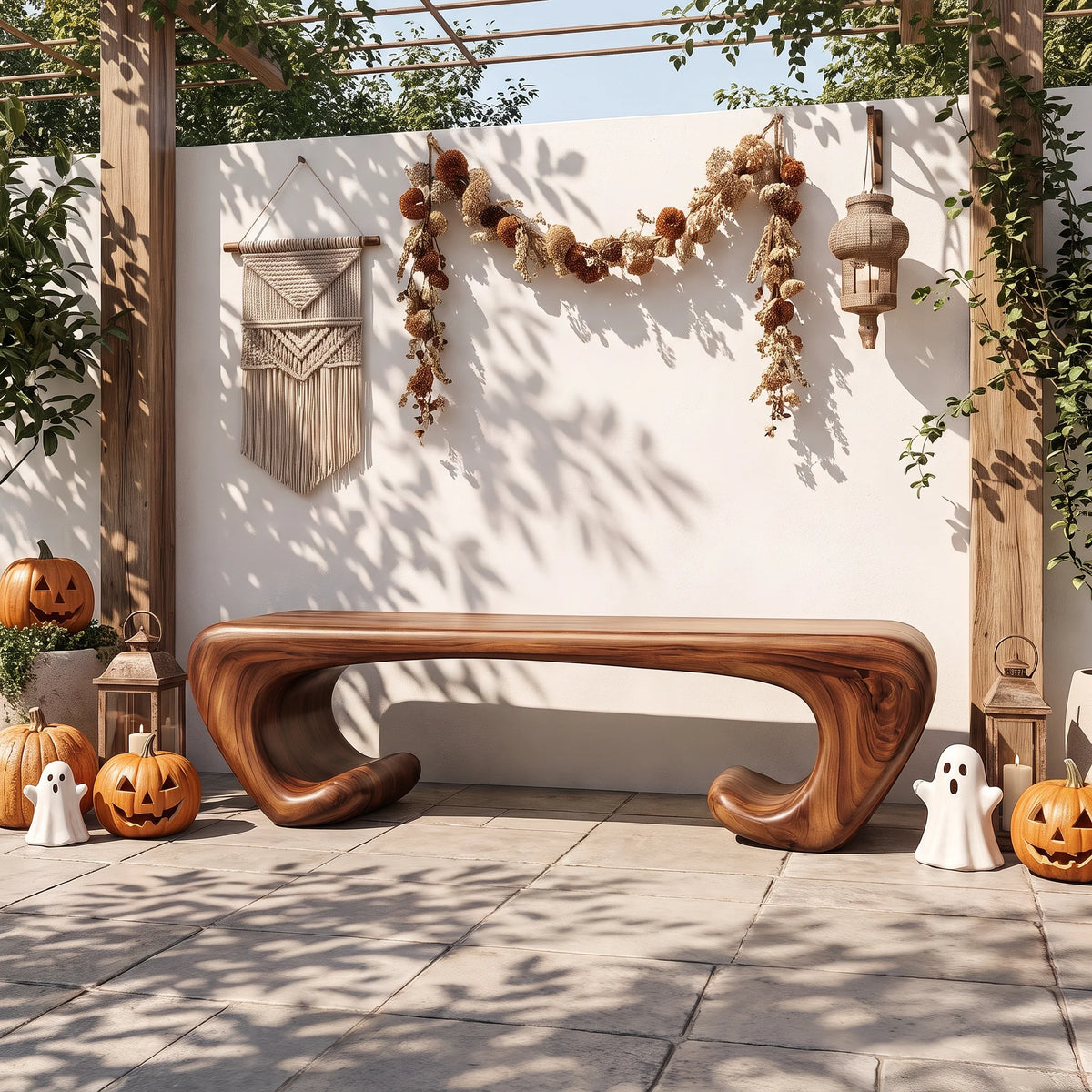 Sculptural Solid Wood Bench with Scroll Base and Flowing Organic Seat