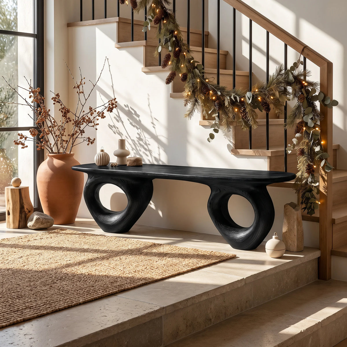 Organic Loop – Solid Wood Bench with Sculptural Ring Base and Live Edge Seat