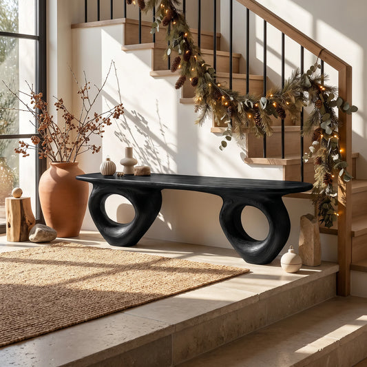 Organic Loop – Solid Wood Bench with Sculptural Ring Base and Live Edge Seat
