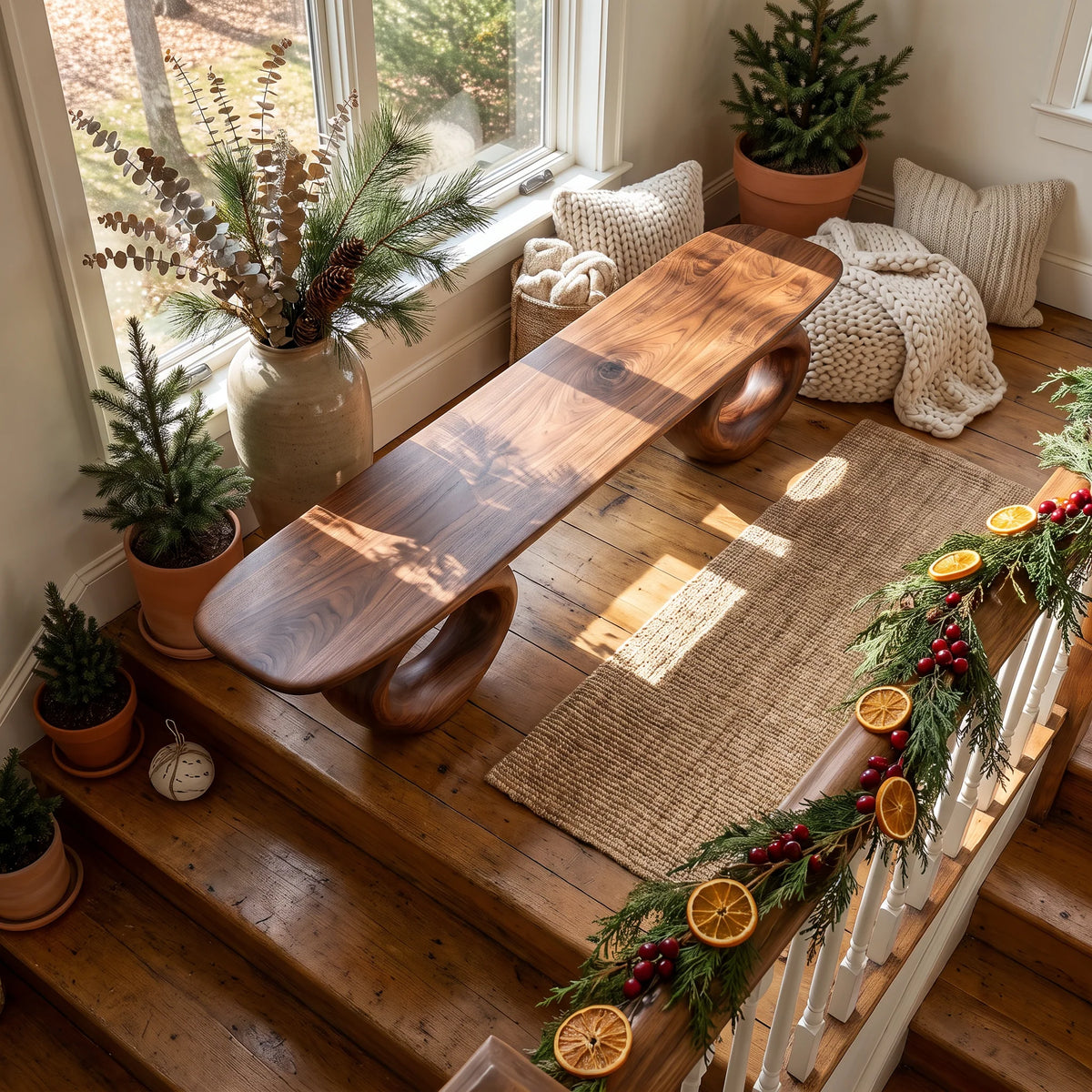 Organic Loop – Solid Wood Bench with Sculptural Ring Base and Live Edge Seat