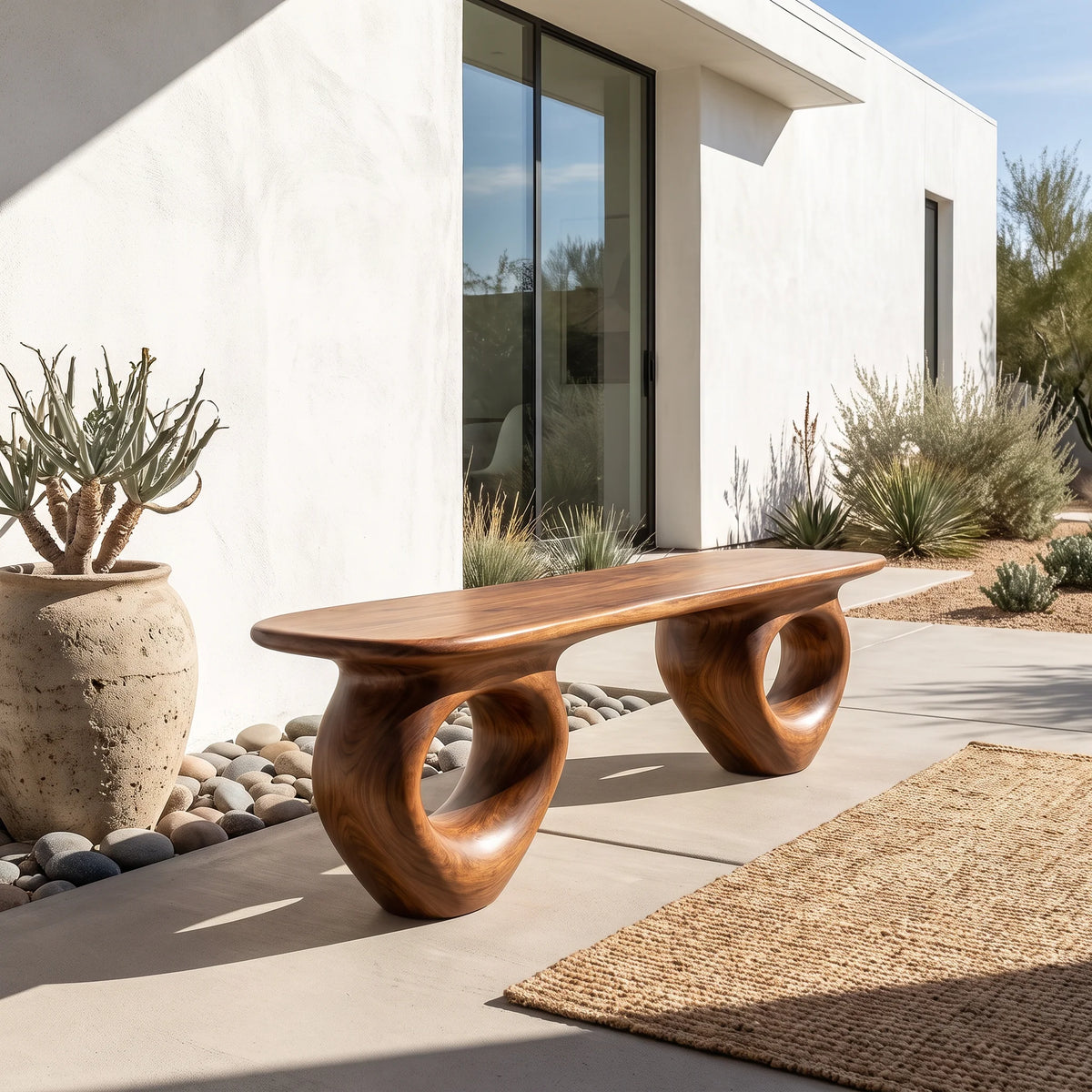Organic Loop – Solid Wood Bench with Sculptural Ring Base and Live Edge Seat