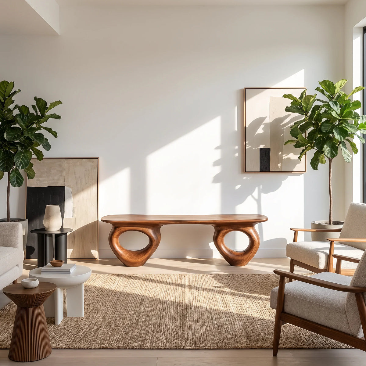 Organic Loop – Solid Wood Bench with Sculptural Ring Base and Live Edge Seat
